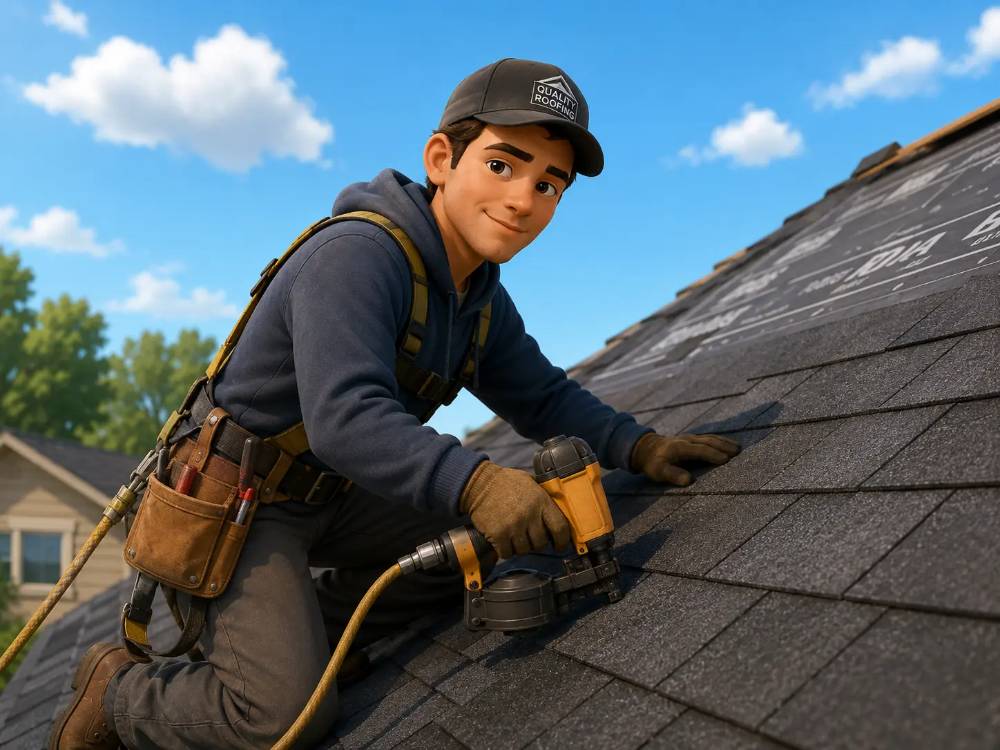 Roofer installing shingles